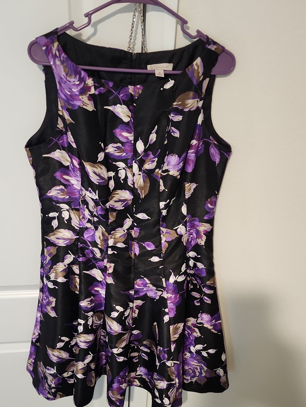 Sleeveless Black Dress with Purple Floral Print
